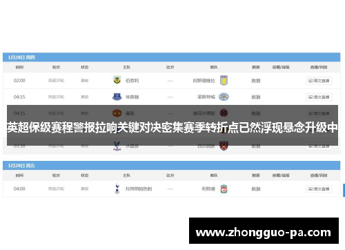 英超保级赛程警报拉响关键对决密集赛季转折点已然浮现悬念升级中